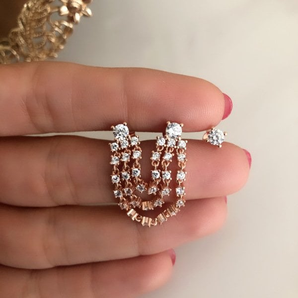 Taşlı Sallantılı Zincir Küpe
